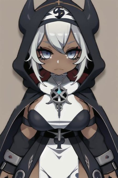 Devil, horns, body mods, chibi, huge breasts, thick thighs, muscular, ((dark tan skin)), white hair, ((navy hair streaks)), short spiky scene hair, slanted blue eyes,blue tribal cloud tattoos, non human, monster girl, bad ass, ((nun)), huge fluffy white scarf, (( hooded jumpsuit)), ((steampunk)), ((y2k aesthetic)), black, white, navy, light blue, 3d render, chibi, ((Kaeya Alberich inspired outfit)), poofy hair, eyeliner, emo, emo makeup, goth, wrench_genshin_style, chara-sheet