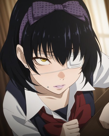 best quality,masterpiece,highres,1girl,solo,newest,rating: explicit, looking at viewer ,   <lora:Midari_Ikishima_XL-step00001400:0.8> ,(midari ikishima, black hair, yellow eyes, eyepatch, hairband, short hair, jewelry, earrings, stud earrings), school uniform