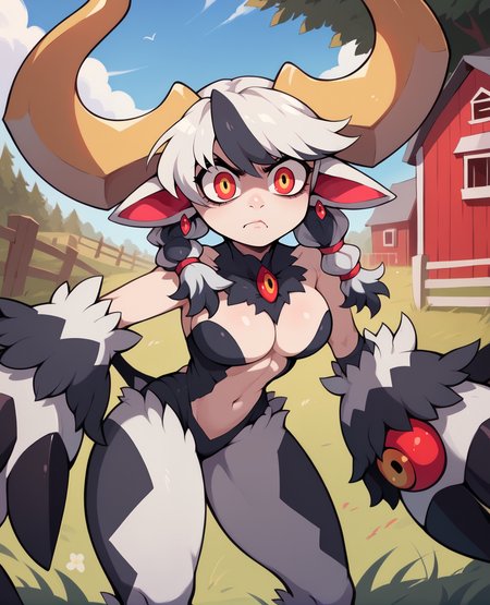 score_9,score_8_up,score_7_up,score_6_up,score_5_up,score_4_up,
evleyxl,yellow horns,red eyes,cow ears,white hair,twin braids,bangs,leotard,serious,crazy eyes,
largeclaws,cleavage,navel,clothing cutout,leaning forward,earrings,
outdoors,farm,solo,
<lora:evileye:1>,