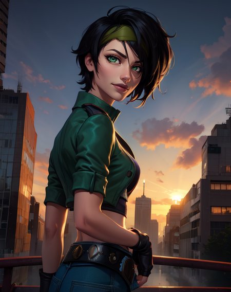 jadebge, short black hair, green eyes, solo, upper body, smirk  leaning back,  
 from side, 
(insanely detailed, beautiful detailed face, masterpiece, best quality) cinematic lighting, <lora:JadeBGE-10v6:0.7>