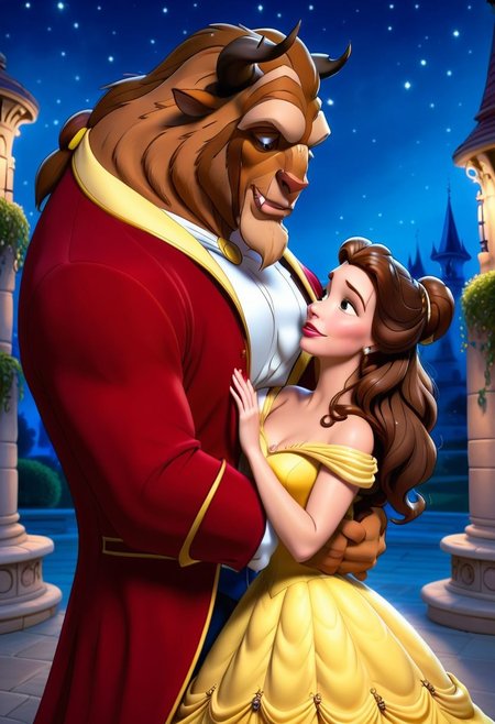 Masterpiece, intricate details, cleavage, 1girl, 1man, original style,
Belle, hugging TheBeast, princess dress, outside, nighttime, (ultra detailed cute face, beautiful Belle:1.1), romance, hand on his cheek, looking at each other