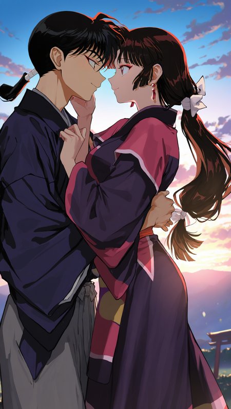 (artist:[|diyokama|fuzichoco|yoneyama mai|lam \(ramdayo\)|quasarcake]:0.8), (takahashi rumiko \(style\):1.2),
(miroku \(inuyasha\), sango \(inuyasha\),:1.2) 1girl, 1boy, black hair, low ponytail, hetero, smile, dark purple kimono, eye contact, couple, earrings, sky, cloud, low-tied long hair, hakama, hair bow, outdoors, white bow, closed mouth, skirt,
dark, backlighting, outdoors, scenery,
masterpiece, best quality, very awa, absurdres
<lora:noobai_vpred_1_inuyasha_v1:1>
<lora:noobai_vpred_1_masterpieces_v1:1>