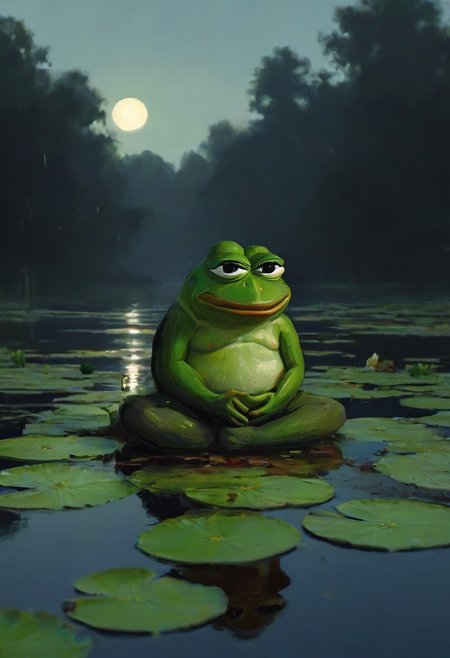 pepe_frog is sitting on a water lily, ( sad pepe_frog:1.2), unhappy, full body, swamp, from side, 
(oil on canvas:0.1), cinematic light, Jeremy Mann, dark shot, vegetable, highlights,
<lora:ClassipeintXL1.9:0.3> <lora:pepe_frog SDXL:1>, ,best quality, high resolution, extreme detail, outstanding composition, masterpiece,