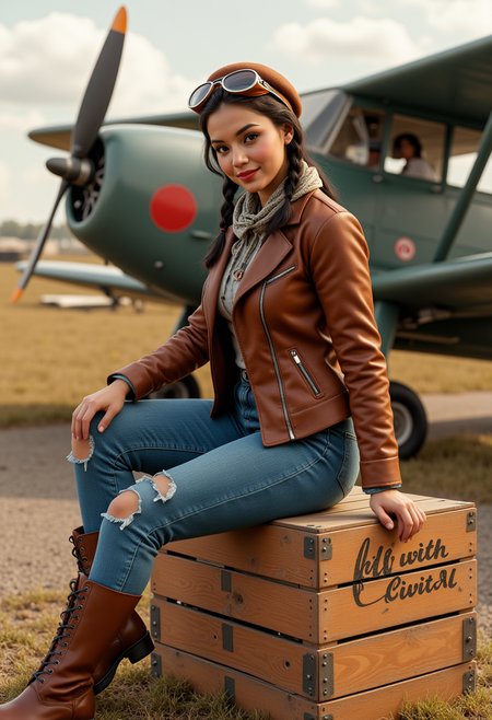She is approximately 18 years old.she is standing, a vintage aircraft is in the background.  Hyperrealism, she is looking at the camera, (dynamic angles), headshots of a beautiful, stunning unique female character.  she has dark hair. her eyes are filled with joy and excitement, extravagant eyelashes, a photo of AGDV2_nokrea, a woman with brown eyes, wearing a brown leather jacket and a brown hat with goggles and denim blue jeans and brown boots. is posing on a large wooden crate. She is posing for the camera, while sitting on a large crate.  On the crate is written "fly with CivitAI".  She is wearing a scarf and has a braid. The photo is in a sepia tone, giving it a vintage feel. The background is blurry, focusing on AGDV2_nokrea as the main subject. She has a slight smile on her face and is looking directly at the camera. making this image a masterpiece of photography and digital art. realistic. making this image a masterpiece of photography and digital art. Style: realistic hyper-detailed rendering, 32k UHD, expressive eyes, punk, graphic design, girl's face, pretty and cute, gleaming lips, telling a tale of adventure. Exuding confidence and serenity. The overall mood of the image is happy and relaxed,detailed skin texture,(blush:0.2),(goosebumps:0.3),subsurface scattering,whimsical,Detailed hand, Perfect hand. Perfection style. The scene is set outdoors, with a vintage plane visible in the background. The photo is taken in a close-up shot, focusing on  AGDV2_nokrea legs and feet.