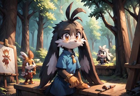 score_9, score_8_up, score_7_up, score_6_up, score_5_up, score_4_up, <lora:Klonoa_Character_PonyXL:0.8> ,  Klonoa, two long ears, fur, anthro, Klonoa, g5, rich colors, forest operations, forest, thicket, communal appearance , presents a painting of rabbits and pony, aroused, front view, detailed background, detailed, 8k quality, side view, beautiful, teasing, easel and brushes, leaned to the floor, freely actions, dress,