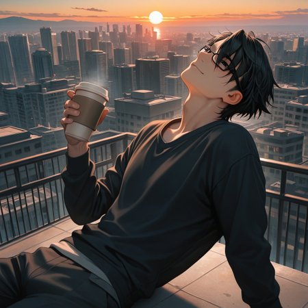 masterpiece, best quality, amazing quality, absurdres, newest, detailed background, definition so sharp, Ultra-HD, 8K cinematic, very awa, impressionate, amazing quality, highres, 
solo, male focus, manly, 
saruhikofushimi, saruhiko_black hair, saruhiko_black eyes, 1boy, short hair, glasses \(on head\), leaning back, relaxed pose, slight smile, casual outfit, coffee cup, rooftop, city view, sunset, cool colors, calm, intelligent, charming, slightly sexy