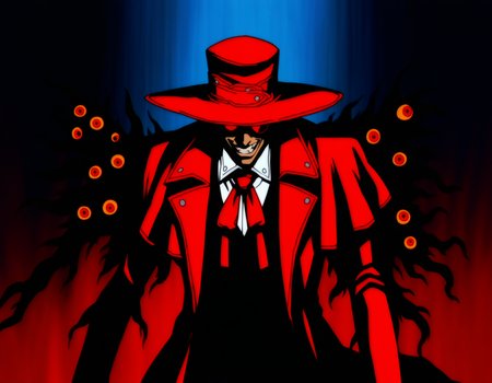 masterpiece, absurdres, best quality, refined digital art, 
1boy, alucard, red hat, red coat, vampire, sunglasses, evil grin, extended arm,  magic, beast,teeth, red eyes, casting spell, horror \(theme\), tendrils, 
(chainsaw man, one punch man, tekken, street fighter, the king of fighters:0.2), hellsing,
cinematic, anime screencap, character art, clear lines,  gradient background,  extra eyes, eyeball, painterly, serious, highly detailed, 
artist: hungry clicker, artist: optionaltypo,
 <lora:Hellsing classic Illustrious:0.5>