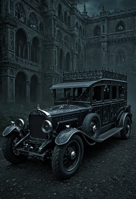 Gothic style <lora:R0k00M0t0rV3h1c13HD:1>,r0k00m0t0rv3h1c13hd,ground vehicle,motor vehicle,car,r0k00bl0ckb0ckgr00ndhd,r0k00bstr0cthd, . Dark, mysterious, haunting, dramatic, ornate, detailed