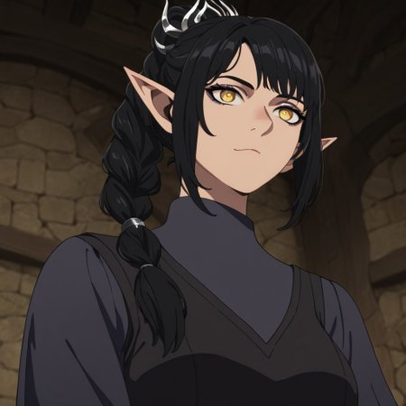 masterpiece, best quality, newest, absurdres, highres, 
DMStyle-DmpackV1.0, official style,
1girl, shadowheart \(baldur's gate\), long braid, elf, pointy ears, black hair, braid, side bangs,
,