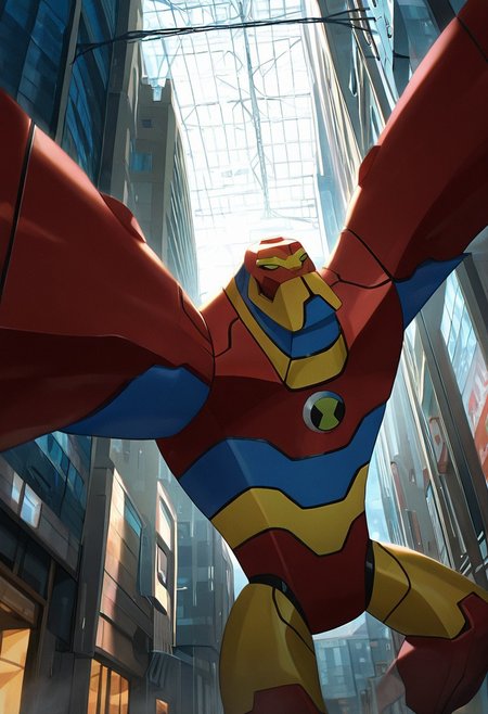 masterpiece, best quality, amazing quality, very aesthetic, absurdres, newest,, detailed background, 
 movie scene, cinematic scene, cinematic, 
bloxx, robot, mecha, solo, armor, green eyes,, massive arms, upper body, , big head, massive head, red head, yellow chin, yellow eyebrows, blue neck, 
dynamic pose, long arms, stretched arms, extremely stretched arms, in city, between buildings