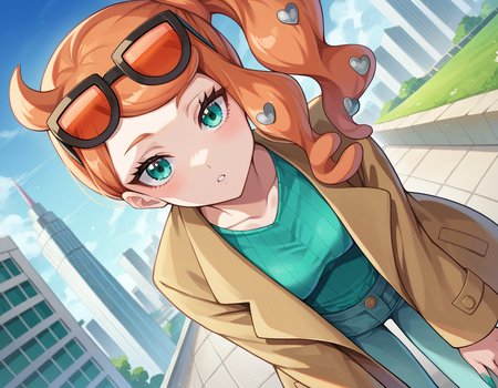 score_9, score_8_up, score_7_up, source_anime,
pokemonsonia, <lora:pokemon-sonia-ponyxl-lora-nochekaiser:1>
pokemonsonia, aqua eyes, heart, heart hair ornament, long hair, long sleeves, orange hair, side ponytail, swept bangs,
aqua footwear, aqua nails, aqua shirt, brown coat, brown jacket, coat, collarbone, eyewear on head, jacket, long sleeves, orange-tinted eyewear, pants, ribbed shirt, shirt, sunglasses, tinted eyewear,
outdoors, cityscape, bent over,
looking at viewer, cowboy shot, dutch angle,