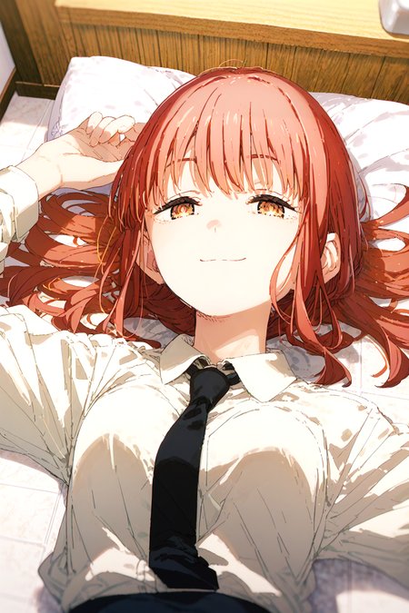 <lora:add-detail-xl:1>, (score_9_up), score_8_up, score_7_up,score_6_up, 1girl, <lora:kusaka+PDXL3-000010:1> kusaka+, <lora:mak1ma0XL_Pony_v1:1> mak1ma0, red hair, long hair, ringed eyes, white collared shirt,black necktie, bathroom, dark, half-closed eyes, smile, lying, on back, upper body