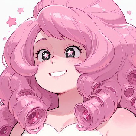 masterpiece, best quality, very aesthetic, absurdres, 1girl, solo, Rose_quartz, long hair, pink hair, curly hair, black eyes, white dress, portrait, face focus, star eyes, happy, smiling, blushed,
<lora:Smooth_Booster:0.25>,  <lora:Rose_Quartz_SU__Illustrious:1>,   <lora:HerrscherAGGA2025_COLIG_ST-IL_V2:1>