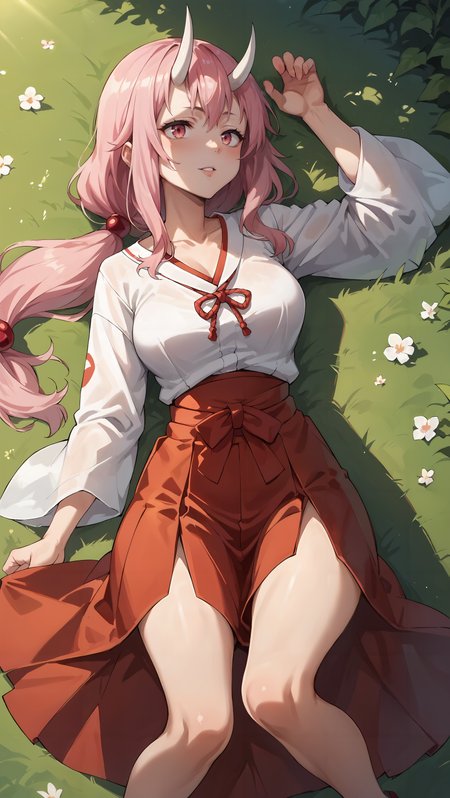 score_9,score_8_up,score_7_up,score_6_up, source_anime, zPDXL, <lora:Shuna - Pony-000004:0.7>,  girl, low-tied long hair, pink hair, white oni horns, pink eyes, miko, red hakama, <lora:Wakfu_CartoonV02:0.5>, <lora:xl_more_art-full_v1:0.5>, lying on back, meadow, tall grass, open field, light rays,