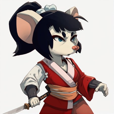 score_9,score_8,score_7,source_furry,
<solo:1.5>,
<1girl:1.5>,
1girl, akane_curse_sea_rats, akane_rat, black hair, blue eyes, braid, furry, furry female, holding weapon, japanese clothes, katana, rat girl, sword, white background,
<lora:Akane_Curse_of_the_Sea_Rats:1> akane_curse_sea_rats