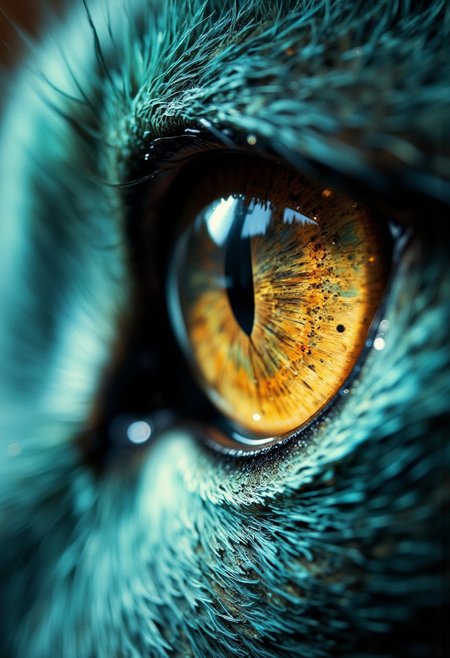 Focus on the textured surface of a cats teal eye, capturing the dense network of tiny, repeating hairs that create a fur-like pattern. Use an ultra macro lens to isolate a small section of the eye,emphasizing the tactile detail of its surface. Side lighting enhances the dimensionality of each line, casting subtle shadows.
Position the camera to balance symmetry and organic randomness, creating a dynamic yet harmonious composition. The vivid teal hue dominates the frame, with blurred highlights in the background adding a sense of warmth and depth. This close-up transforms an everyday object into a study of micro-scale fractal beauty.