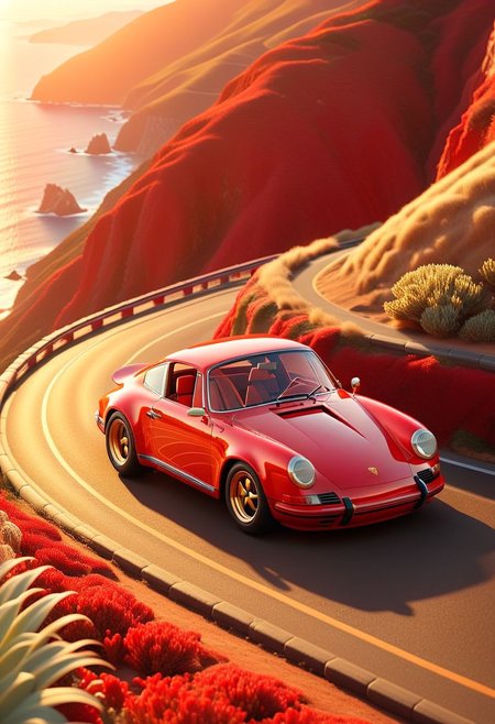 ispzxll, diorama, isometric, miniature, volumetric lighting style, intricate details, ultra-detailed, man and blonde woman driving a red porsche sports car through winding roads, cliffside to ocean, golden hour, long shadows, clear sunny day, 8k