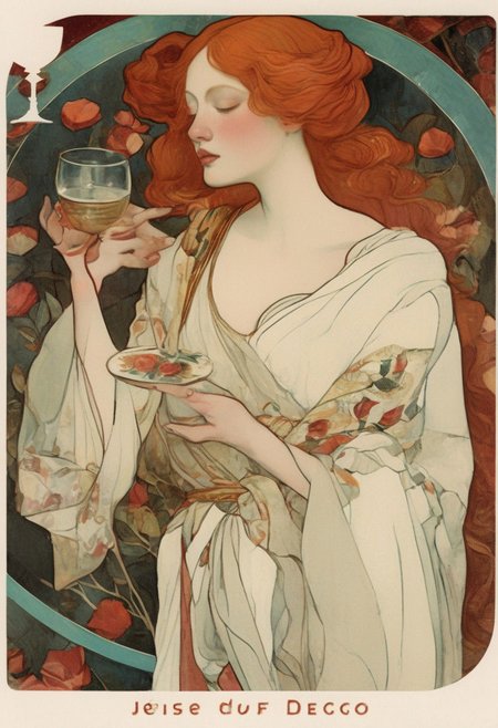 art déco, ((rose petals)), ((courtesan)), pale female with wild red hair, revealing greek tunic, (((curved dagger in hand))), bloody hands, mesmerizing gaze, laying on roses and blood, glass of red wine,