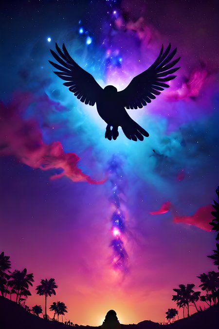 score_9,score_8_up,<lora:Turbo_XL:1>,<lora:inner_galaxy-05:1>,inner_galaxy,
silhouette,
space background,
bird,wings,crow,flying,
(cosmic,stars,celestial,galaxies,nebulas,planets,science fiction,highly detailed:1),
