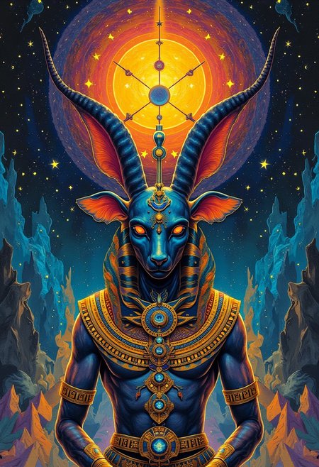 a drawing of Lunar Anubis, Egyptian psychadelic journey, a pharoh having a psychadelic vision, from tree of life, DMT trip, Smoking from the pipe of knowledge, ((sigil of pyramid, sigil of great power, frames cube FancyTurning:1.5), (three planes) X Y Z in occult space, colorful psychedelic Egyptian themed trip, drinker of the tree of knowledge, Ankh, eye of hours, smoking,