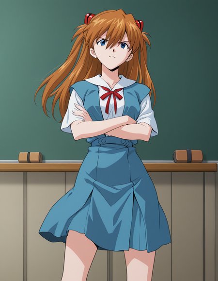 official style,Souryuu Asuka Langley,gunbuster pose,crossed arms,open stance,spread legs,(standing:1.32),cowboy shot, tokyo-3 middle school uniform,classroom,chalkboard,(anime screencap), 2d cel anime,anime cap,anime,anime style,anime cel,cell shaded,soft brightness,perfect face,perfect nose, perfect hair, perfect eyes,perfect female body,perfect skin,a face of perfect proportion,perfect lighting,perfect anatomy,perfect proportion,perfect hands,perfect legs,perfect fingers,masterpiece,hair between eyes,breasts,perky breasts,best quality,very aesthetic,absurdres,16k,intricate detail,amazing quality,(bold:3.12),thick outline,black outline,harsh lines,soft lines,deluster,boldline,curvy,(anime coloring:1.2),anger,slim,looking at viewer,super fine illustration,detailed linework,vibrant colors,kawaii,flat color,(hat:-1), <lora:æ°ä¸ç´ã¨ã´ã¡ã³ã²ãªãªã³æ£æµã¢ã¹ã«ã©ã³ã°ã¬ã¼è²æ¬ç¾©è¡é¢¨Neon_Genesis_EvangelionSouryuu_Asuka_LangleySadamoto_Yoshiyuki_Style-000021:1:0.8>