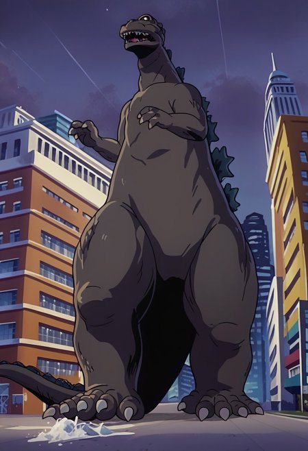 score_9_up, score_8_up, score_7_up, source_anime, anime screencap, retro anime style, low angle, from below, monster focus, BREAK, ((godzilla_1954)) godzilla78, feral, male, godzilla, grey skin, solo, flat color, outdoors, cityscape, night, gigantic monster, model_buildings, model_kit_(medium), diorama model city, plastic dark buildings, forced perspective, blurry background, building, looking up, Original video animation style
