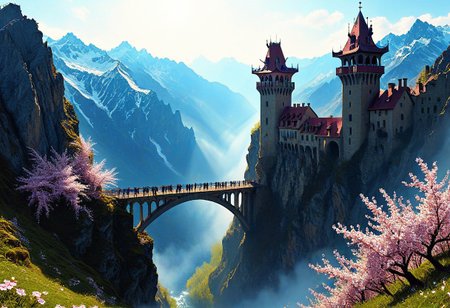 towers ringed in mist, sunrays, mixed media, flux-style, surrealism, fantasy, great lighting, A surreal landscape highly detailed, extremely high-resolution details, appears trapped in an optical illusion of reflections and refractions, colorful, Spring, cherry blossoms in the wind, sweeping vistas, majesty, spring blooms, (Zhangjiajie mountains:1.5),  (((Paris in contemporary France, baroque architecture, European architecture, German Renaissance towers))), (stone arch bridges:1.05), winding rivers extending to the horizon, professional photography, natural lighting, volumetric lighting maximalist. vivid, vibrant colors, intricately detailed, (psychedelic colors, psychedelic colors:1.15), complex, elegant, expansive, fantastical, film photography style, medium grain, cmnt
 (8k uhd:1,4)
 <lora:add-detail-xl:1>
 <lora:Dynamic Poses:1>