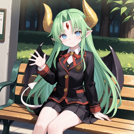<lora:Feliss_03_1_nai-000085:1>,Feliss,demon horns,yellow horns,black wings,demon wings,forehead jewel,red gemstone,demon tail,white tail,
school uniform,
1girl,solo,smile,sitting,on bench,waving,front view,looking at viewer,