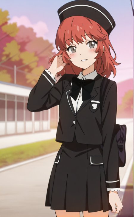 masterpiece, best quality, highres, newest, 1girl, solo, official style, anime screencap, <lora:Aoi_friend:1>, aoifriend, red hair, grey eyes, mole under eye, black hat, school uniform, outdoor, smile, cowboy shot, looking at viewer, parted lips, hand on hair, blush