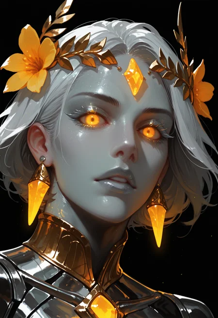 1girl, flower, solo, looking at viewer, glowing, hair flower, yellow eyes, hair ornament, jewelry, portrait, black background, lips, glowing eyes, colored skin, simple background, earrings, , parted lips, gem,  metallic skin, loral laurel crown, silver lips, silver eyeshadow, silver eyelashes, 
close-up,, masterwork, masterpiece, best quality, , dynamic pose,,  dynamic angle, , , (realistic:1.2), (lineless:1.2), detailed, <lora:Detailer_NoobAI_Incrs_v1:0.75>, , aged up, adult, depth of field, , blurry, cheekbones, dynamic lighting