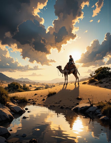 A highly detailed cinematic photography.
riding camel, golden hours, light and shadow play, intricate light, beautiful reflection, desert, dune, cloudy sky, god rays, 1girl, scenery, day, ripples, solo, water, reflective water, wide shotadorned face.
Niji style.