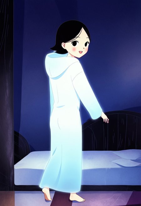 zPDXL3, source_cartoon, Perfect Hands, full body,
1girl, solo, aged down, bedroom, looking at viewer, saoirse, black hair, black eyes, blush, ghost, hood up, robe, barefoot, glowing, dancing on bed, from behind, facing at viewer, feeling cold, eyes open, smile, open mouth, sleeve past wrist, slim body, highlight cloth wrinkle, anime style, kicking, jumping,
<lora:Perfect Hands:1>  <lora:Saoirse_-_The_Song_of_the_Sea-000009:1>
