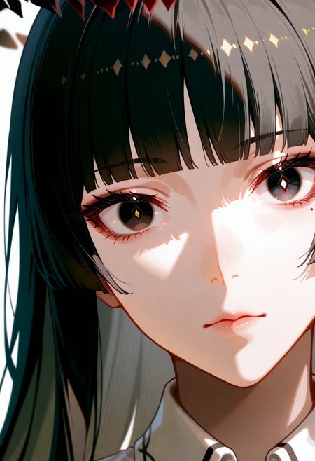 masterpiece, best quality, very aesthetic, absurdres, cinematic, perfect composition, solo, 1girl, medium breast, Virtuosa, black eyes, yellow pupils, mole under eye, very long hair, dark hair, blunt bangs, sidelocks, dark halo, broken halo, extreme eye close up, eye focus, eye reflection, wide eyed, eyelashes, blank stare, looking at viewer,