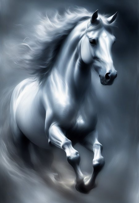 novuschroma style, a galloping horse with fluttering mane in wispy vapor