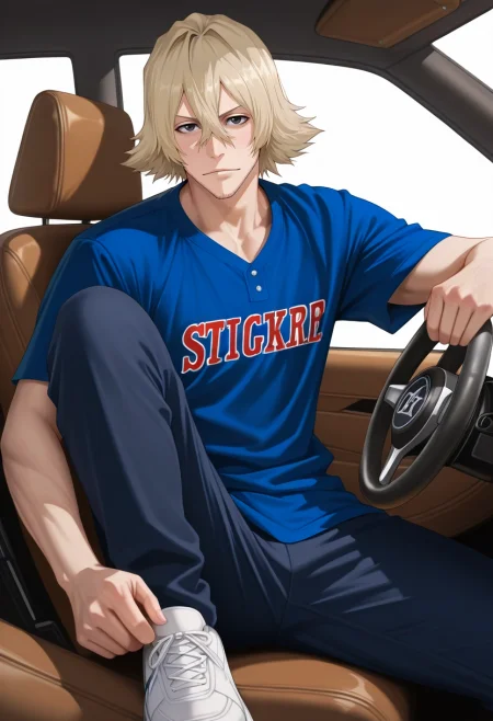 masterpiece, best quality, , (photorealistic:0.6), looking at viewer, 1boy, solo, male focus, <lora:kisuke_urahara_ilxl:1>, kisuke_urahara, blonde hair, black eyes, short hair, hair between eyes, facial hair, stubble, , , Joggers, Baseball shirt, Driving shoes, ,