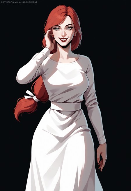 score_9, score_8_up, score_7_up, score_6_up, score_5_up, score_4_up,
BREAK
1girl, abella funger, red hair, grey eyes, low-tied long hair, long hair, hair ribbon, tied hair, swept bangs, smile, adult, mature,
BREAK
solo, standing, white dress,
BREAK
black background, simple background, dynamic pose, dark, <lora:Lunas-Abella-Funger-SDXL-A1:1> <lora:Lunas-MarmaladeMum-SDXL-A1:1>