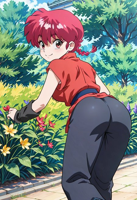 masterpiece, best quality, amazing quality, dynamic view, looking_at_viewer, 1girl, 
masterpiece, best quality, bokeh, luminescent background,
(  ranmasaotome,
 red hair, short hair, braided ponytail,  single braid, hair between eyes, red eyes, medium breasts, 
 chinese clothes, tangzhuang, red shirt, sleeveless shirt, black pants, black footwear,
 )
solo, from behind, outdoors, garden, flower, red flower, blue flower, purple flower, yellow flower, looking back, smile