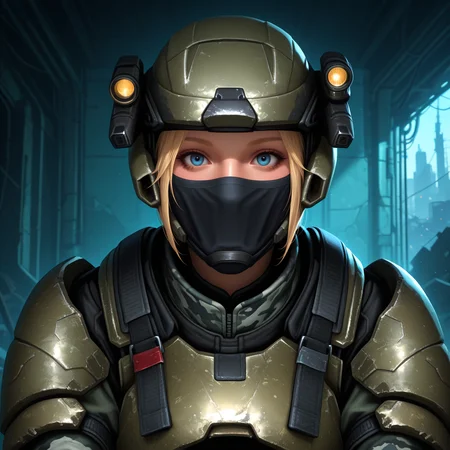 Masterpiece, high-res, 2k, best quality, 2.5d, realistic, 1 girl ,  fem marine, helmet, headlight , armor, blonde hair, blue eyes , realistic, military, gray camouflage, black balaclava,  face cover , scifi , medium shot, in a destroyed city<lora:fem_marine_illus-000049:1>  Whispering Secrets: Lean in towards the camera as if sharing a secret and lower your voice. This pose creates intimacy and intrigue.