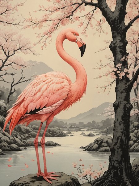 silk screen art, (ukiyo-e:1.1), (painted by Kim Hong-do:1.1), beautiful flamingo, assisted katsuhiro otomo, line art, glitch art, cherry blossoms