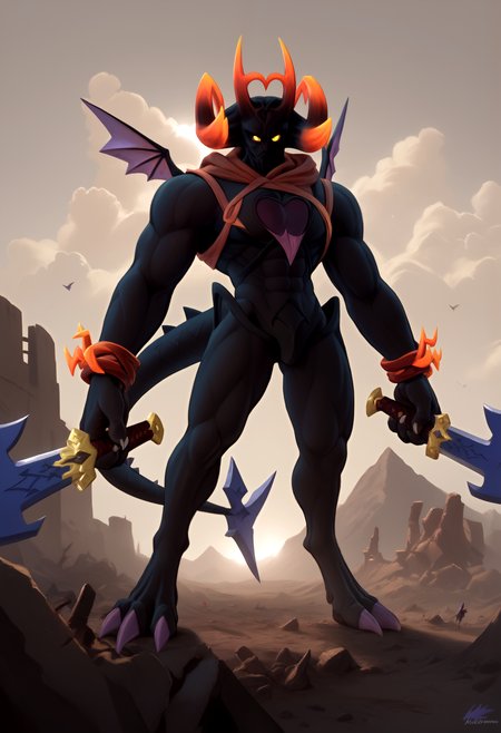 score_9, score_8_up, score_7_up, 8k, detailed design, detailed background, detailed characters, masterpiece, anthro only, furry only, 1boy,  <lora:Dark_Inferno_Kingdom_Hearts-000001>, dark inferno, dark inferno (kingdom hearts), yellow eyes, 1boy, anthro, black body, dark skinned male, glowing eyes, heart marking, heartless, horns, humanoid hands, male, muscular, orange spikes, small wings, spiked tail, spikes, sword, weapon, wings, solo, muscular anthro, muscular male, melee weapon, male only, standing, low angle, looking at viewer, incoming attack, imminent attack, attack stance, serious,  wasteland, mountains,