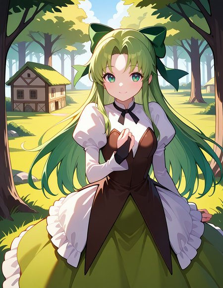 <lora:DHERivierafiaa_SDXL_illustrious_fp16_ver01:1>,DHERivierafiaa, 1girl, green long hair, green eyes, ribbon, dress, juliet sleeves, long sleeves, bridal gauntlets, hair bow,smile,forest, village, cowboy shot,, masterpiece, best quality, very aesthetic, absurdres,<lora:detailed_hands:1>,hand