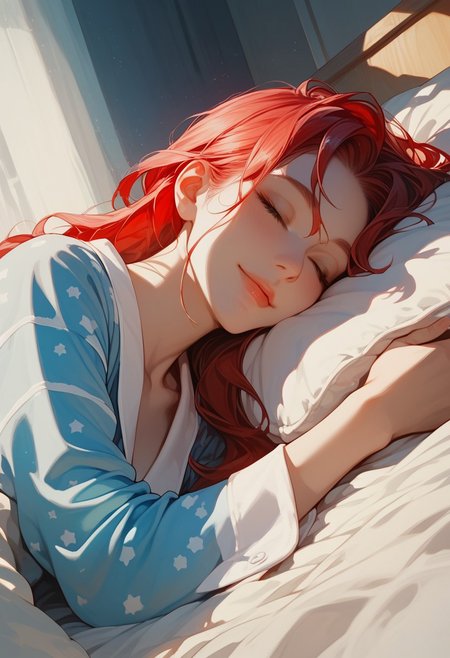 score_9, score_8_up, score_7_up, score_6_up, score_5_up, score_4_up, 1girl, (score_9, score_8_up:1.1),((( long straight hair,1,5))), (red hair:1.2), light blue eyes, slim, small breasts, pale skin, white pale ,shy smile ,HD32k,  dynamic pose, aesthetic, perspective, solo, detailed, sensual look,wearing a pajamas , close eyes , sleeping ,on bed (((, dark lighting  ,))),night ,side view