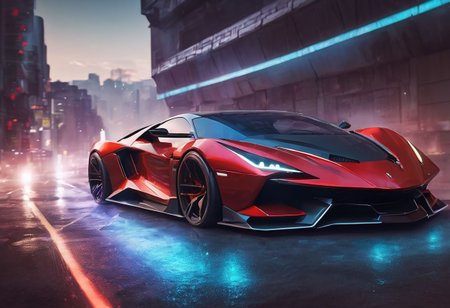 detailed high end sport car, sharp edges, sharp focus, futuristic, <lora:Cbebop-background:1.5>, high quality, high resolution, art by Cain Kuga, night, breathtaking scenary,  high-tech,  cyberpunk, volumetric lighting, (long exposure:1.5), speed effect, raining,