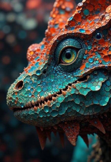 Focus on the textured surface of a dragons eye and slight part of its nose and mouth with teeth visible,capturing the dense network of tiny, repeating dimples that create a fractal-like pattern. Use an ultra macro lens to isolate a small section of the eye,emphasizing the tactile detail of its teal surface. Side lighting enhances the dimensionality of each line, casting subtle shadows across the dragons red scaled skin.
Position the camera to balance symmetry and organic randomness, creating a dynamic yet harmonious composition. The vivid teal hue of the eye dominates the frame, with blurred highlights in the background adding a sense of warmth and depth. This close-up transforms an everyday object into a study of micro-scale fractal beauty.