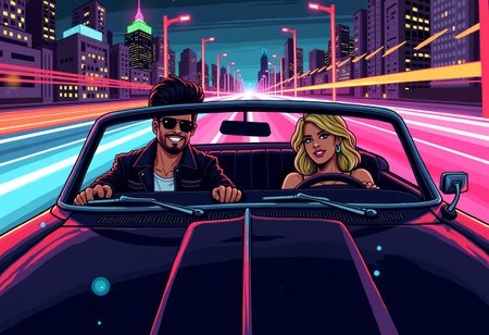 pixelart,retro style,masterpiece,((cool man wearing a leather jacket is driving a convertible shiny black car)),relaxing,he is wearing sunglasses and smiling confidently,smirk,black hair mullet,on the back seat is sitting a blonde beautiful woman wearing elegant clothes and green eyes,happy smile, neon highway,retro city in the background with tall buildings,joy moment,light poles,driving at high speed,movement lines,wind blowing,after image lights,(view from front of car)