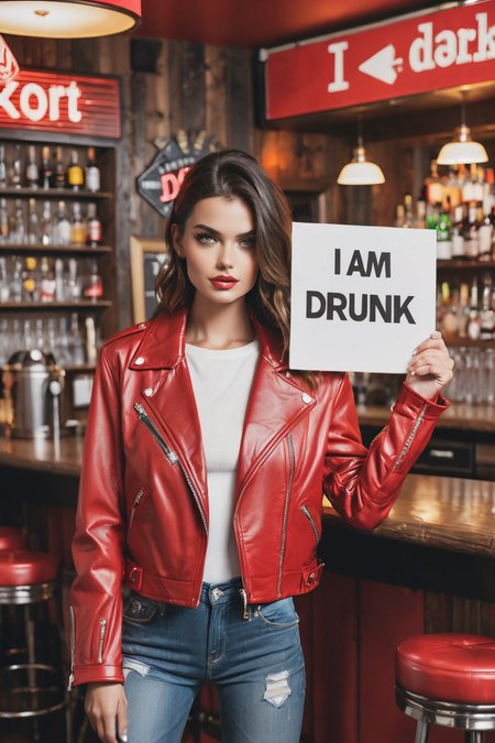 fashion model posing inside a bar, red leather jacket holding a sign with text:"i am drunk" <lora:art-v5:.4> <lora:text:1>