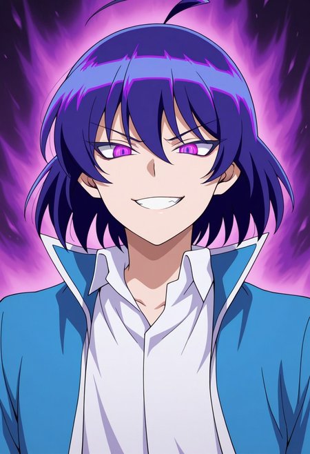 masterpiece,best quality,amazing quality, source_anime,
IrumaSuzuki, 1boy, male focus, solo, evil form, purple eyes, gradient eyes, multicolored hair, blue hair, purple hair, ahoge, hair between eyes, school uniform, shirt, white shirt, collared shirt, jacket, blue jacket, open jacket, grin, evil aura, parody