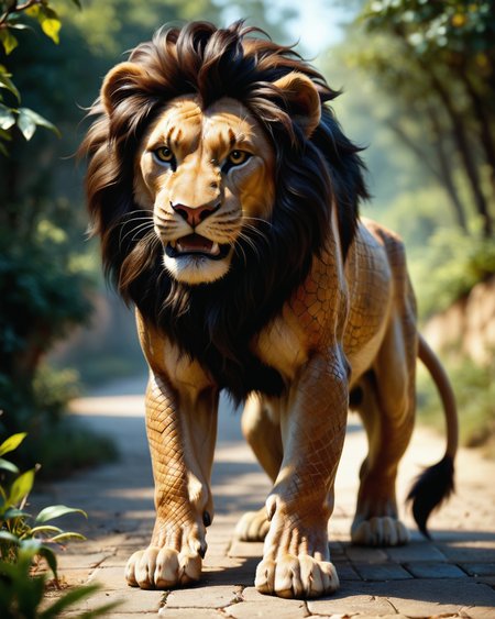 score_9, score_8_up, score_7_up, intricate details, rating_safe,
<lora:SnakeSkinStyle:0.7>,
1boy(solo, 
feral furry, Lion with Jed-snkskn, snakeskin, 
full body, looking at the viewer, solo, happy), detailed background, depth of field, subsurface scattering, 
<lora:ral-chrosc-clr:0.5>, ral-chrosc-clr,
<lora:xl_more_art-full_v1:0.3>,
<lora:add-detail-xl:0.3>