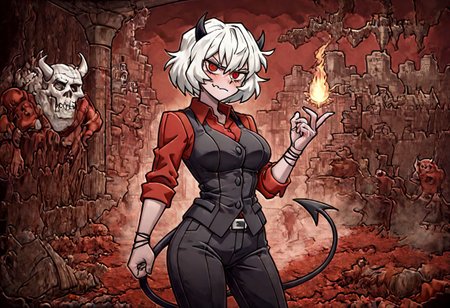 masterpiece, best quality, newest, absurdres, highres, H3GM/P-V1.1, 
1girl, malina \(helltaker\), demon girl, short hair, white hair, horns, demon tail,