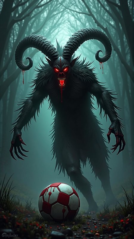 An image of a KrampusStyle Soccer. Dark, atmospheric and moody atmosphere. spirals, blood, evil
<lora:KrampusStyleFlux:__wildcards/numbers/07-09__>